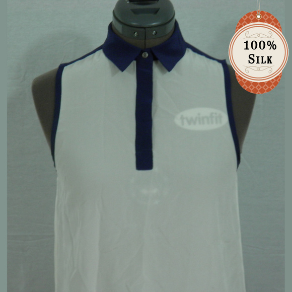 SILK White & Blue Sleeveless Shirt by Club Monaco - Picture 1 of 8